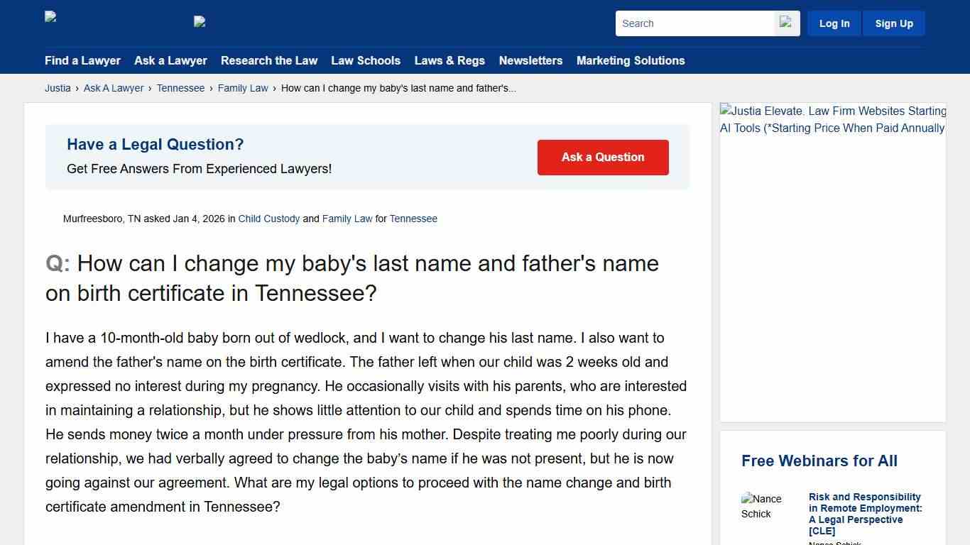 How can I change my baby's last name and father's name on birth certificate in Tennessee? - Tennessee Family Law Questions & Answers - Justia Ask A Lawyer
